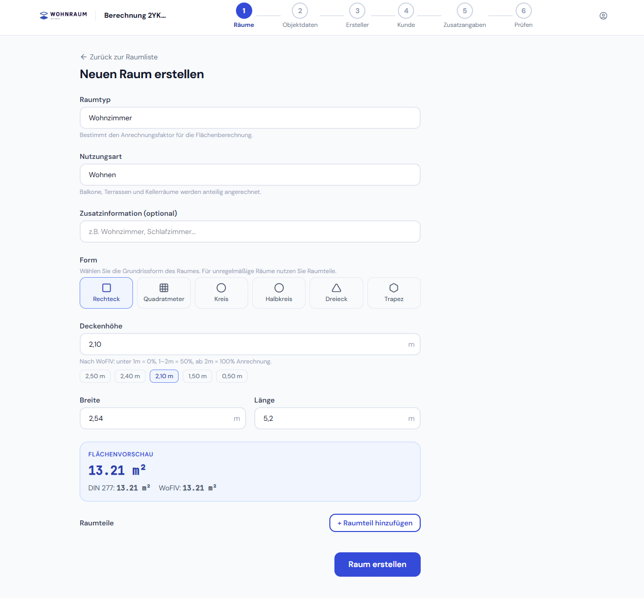 Wohnflächenberechnung Raumformular