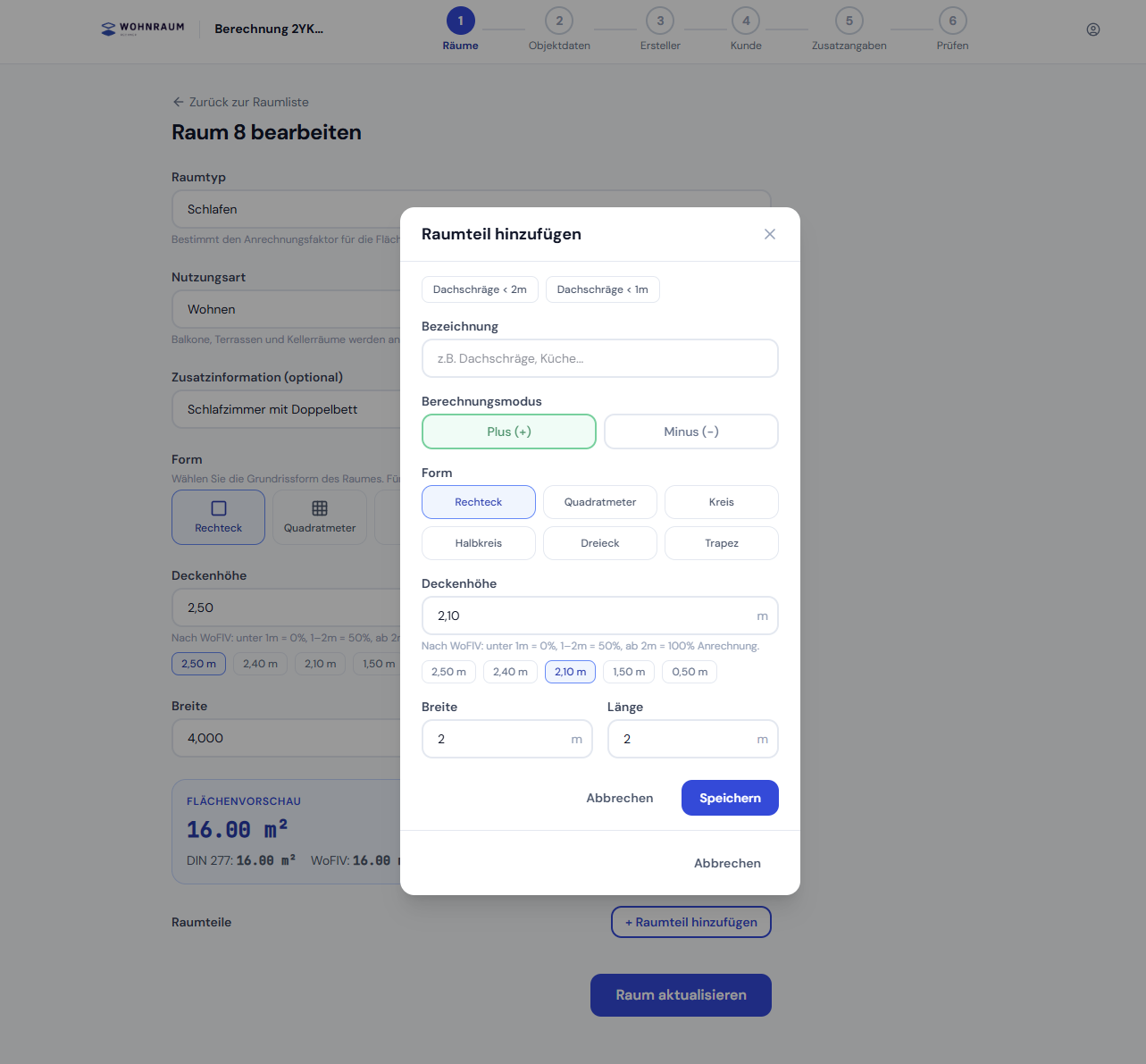 Wohnflächenberechnung Raumteile anlegen