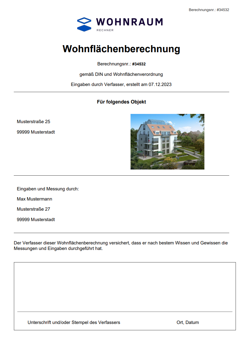 Wohnflächenberechnung Deckblatt