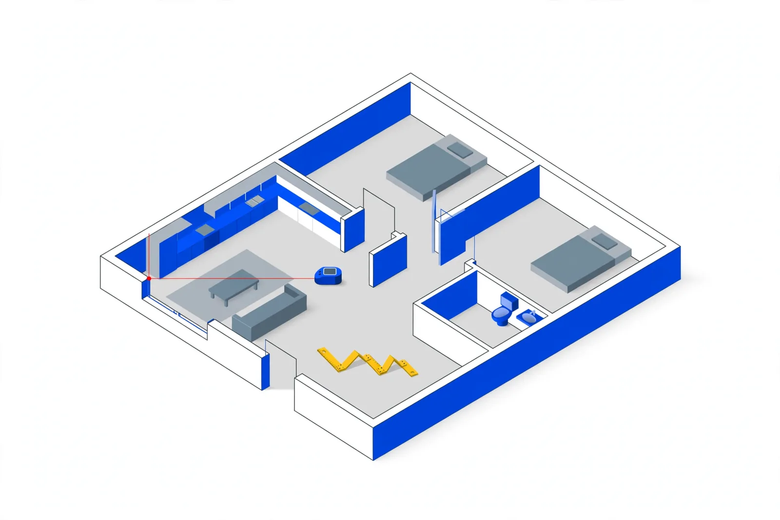 Isometrische Illustration eines Wohnungsgrundrisses mit Laser-Entfernungsmesser und Zollstock